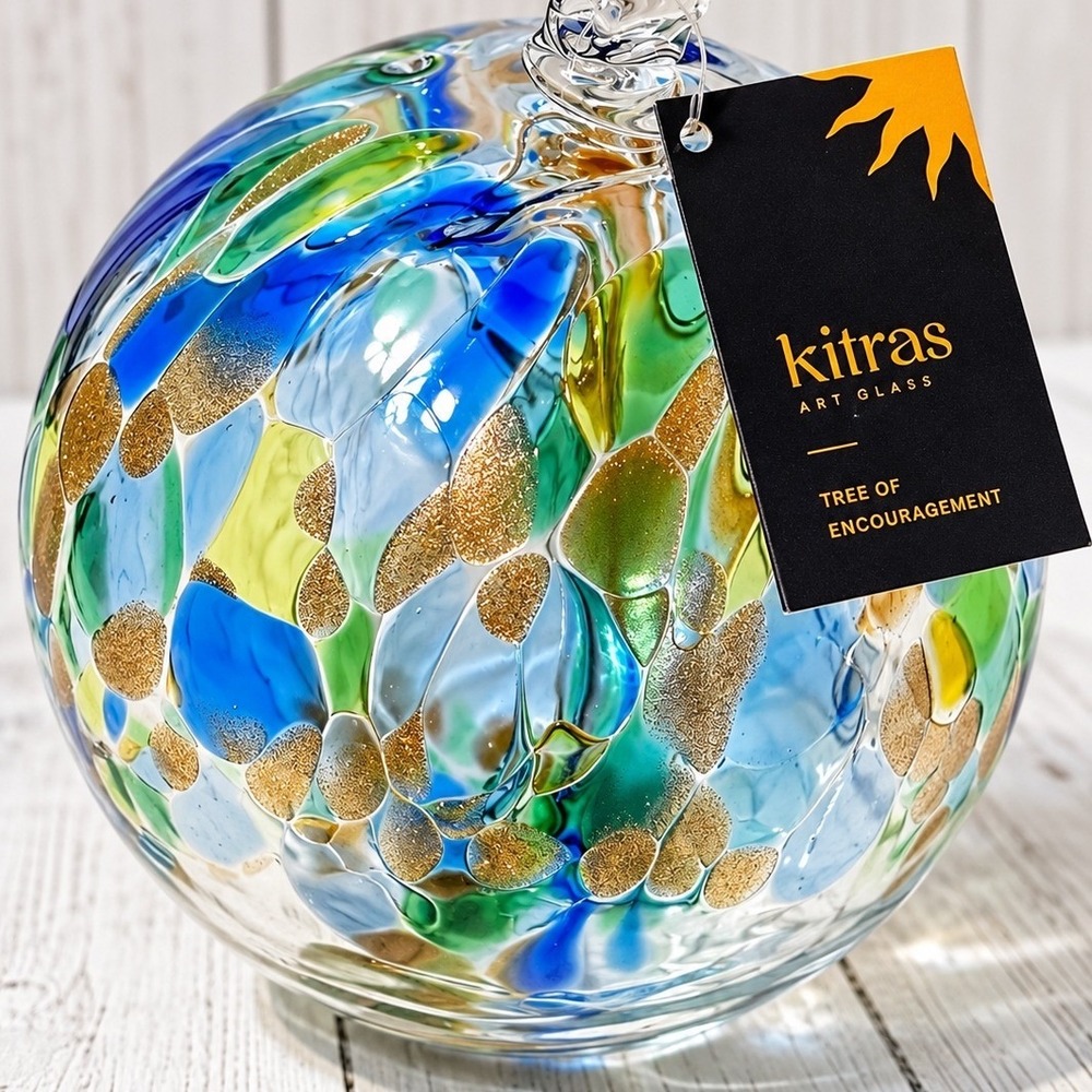 Kitras Tree of Encouragement 6" Hand Blown Art Glass Ornament Blue Green NWT